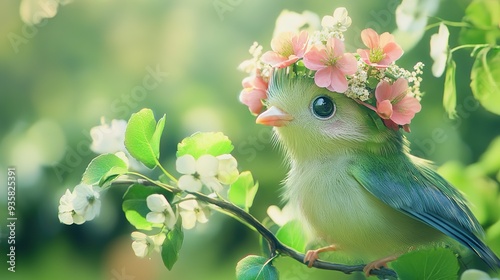 Photo-Realistic Vray Tracing of a Cute Bird with a Floral Hairdo: A Light Pink and Light Green Palette Blends with Babycore Aesthetics and Tanbi Kei Style, Featuring a Bird Adorned in Colorful Costume photo