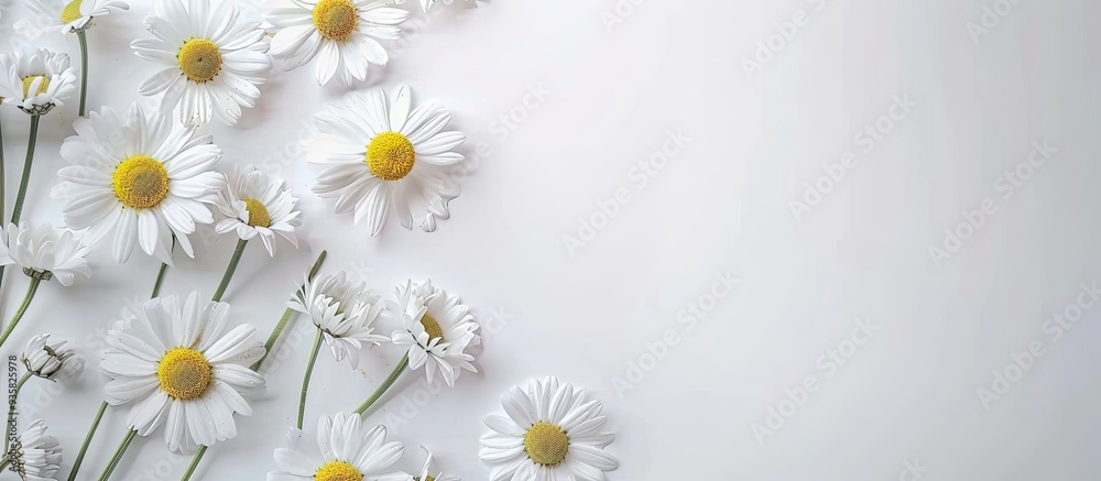 Obraz premium Attractive chamomile flowers on a white background arranged in a flat lay with room for text. Copy space image. Place for adding text and design
