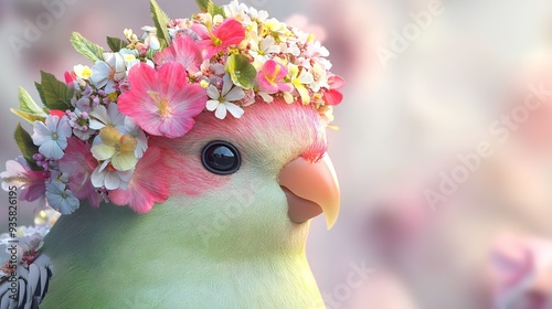 Photo-Realistic Vray Tracing of a Cute Bird with a Floral Hairdo: A Light Pink and Light Green Palette Blends with Babycore Aesthetics and Tanbi Kei Style, Featuring a Bird Adorned in Colorful Costume photo