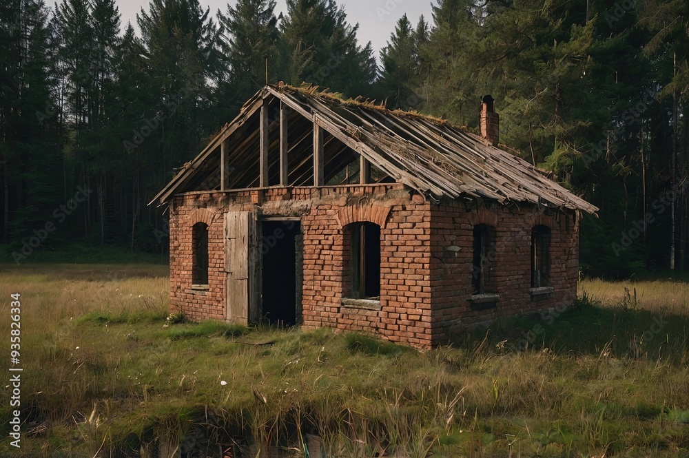Obraz premium A close up on an abandoned hut, shack, or house made out of brick located next to ruins of an old church spotted in the middle of a dense forest or moor, next to a vast field, meadow or pastureland