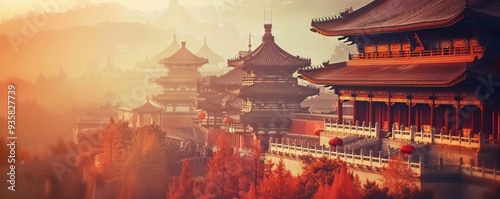A beautiful oriental city with many buildings and a red and orange sky