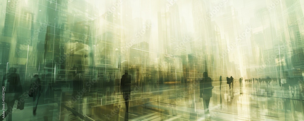 A cityscape with people walking on a wet street A cityscape with people walking on a wet street