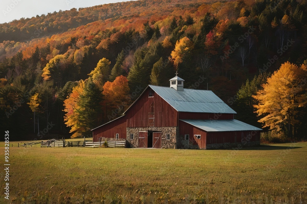Obraz premium Barn in Vermont country side surrounded by autumn trees and foliage