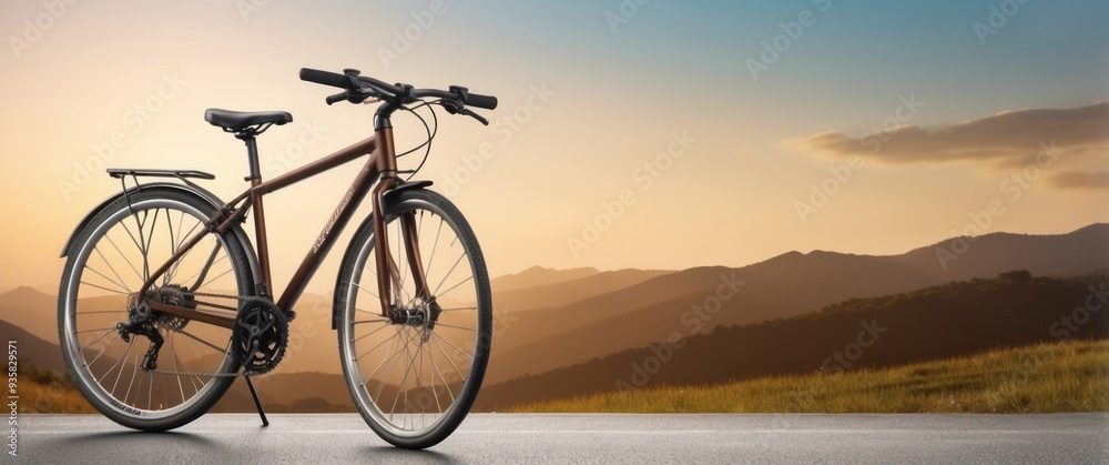 Fototapeta premium Brown Bicycle Parked on Road with Mountain View and Sunset