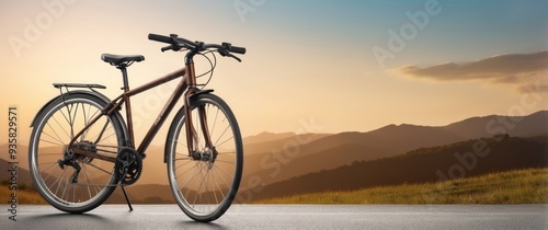 Brown Bicycle Parked on Road with Mountain View and Sunset