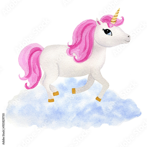 Children's magic illustration - running unicorn with pink hair on the cloud. Hand drawn watercolor isolated illustrations on a white background. photo