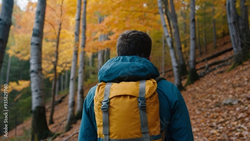 Solo Hiker Enjoying Fall Colors in the Forest - Hiker Exploring Autumn Forest on a Peaceful Journey