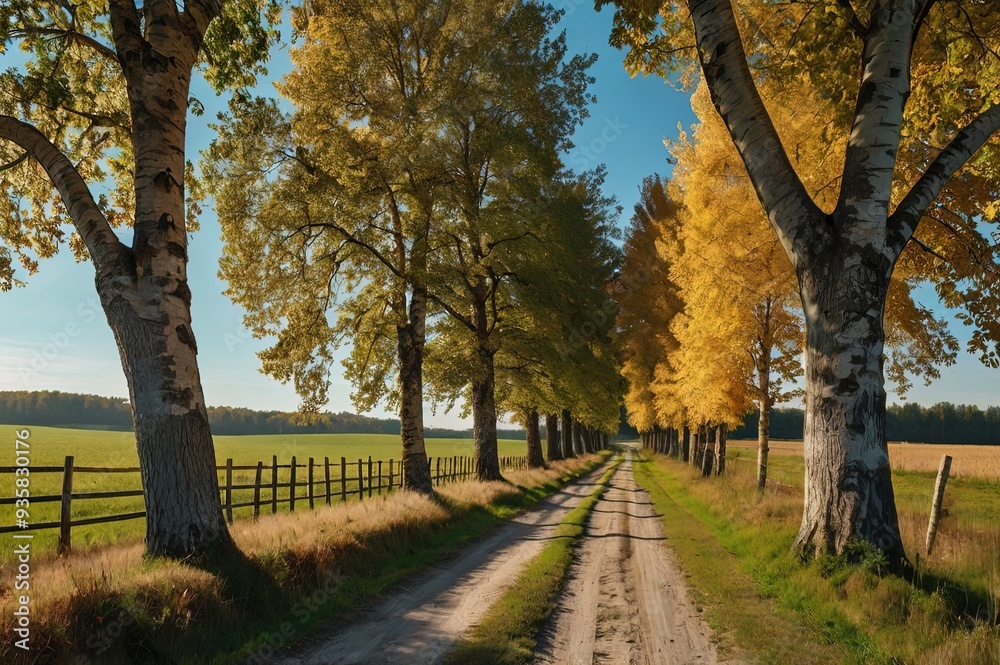 Naklejka premium Country road through the green fields and golden deciduous trees (oak, maple, birch). Clear blue sky.