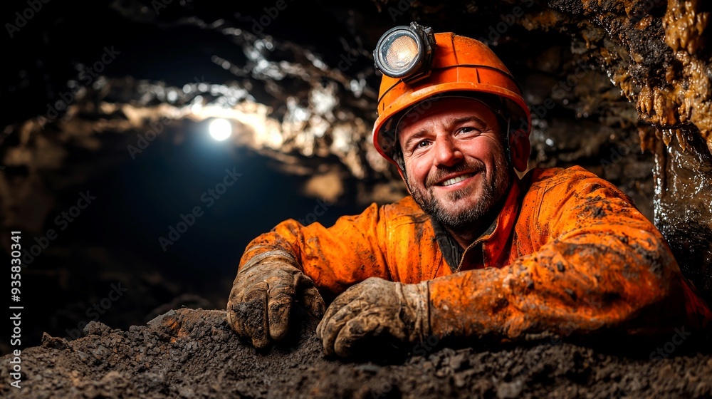 A Miner Smiles In a Dark Cave, Covered in Dirt A Miner Smiles In a Dark Cave, Covered in Dirt
