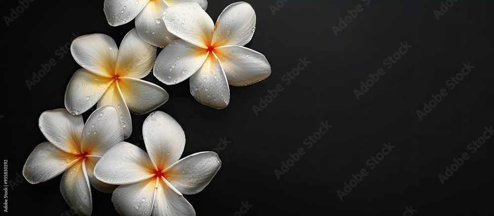Frangipani flowers isolated on black with blank space for advertising photocopy Frangipani flowers isolated on black with blank space for advertising photocopy