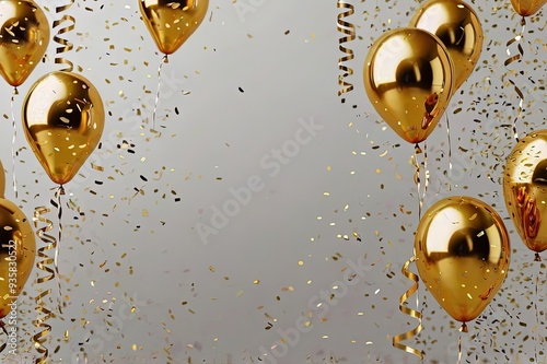 Festive background with gold balloons and scattered golden confetti. 