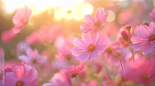 cosmos flower.Natural colorful panoramic landscape with many wild flowers of daisies against blue sky.Close up flowers blooming on softness style in spring summer under sunrise.