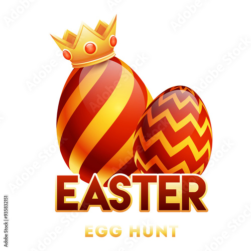 3D Glossy Red and Golden Eggs with Crown Illustration on the Occasion of Easter Egg Hunt. photo