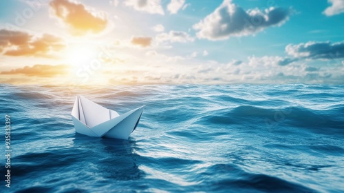 Small White Paper Boat In Big Ocean With Blue Sky And Sunshine - Business Opportunity/Vision Concept with generative ai