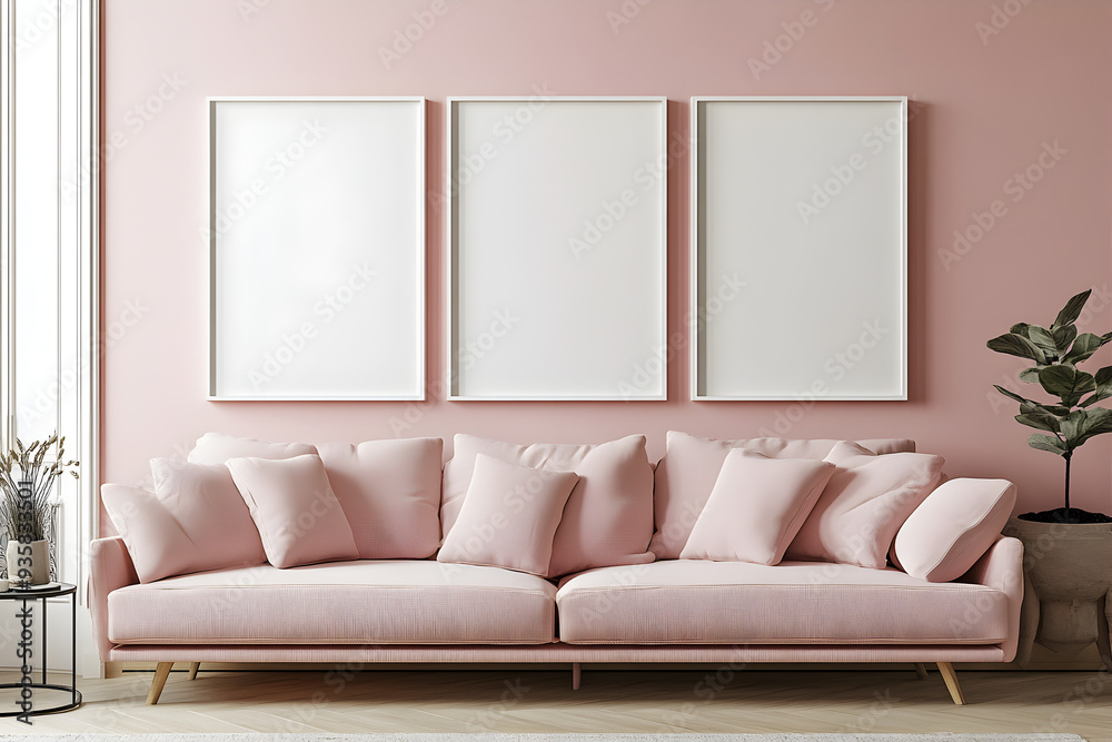 Mockup of Three Empty White Wall Art A4 Posters on Light Pink Wall Above Pink Sofa in Minimalist Interior Design

