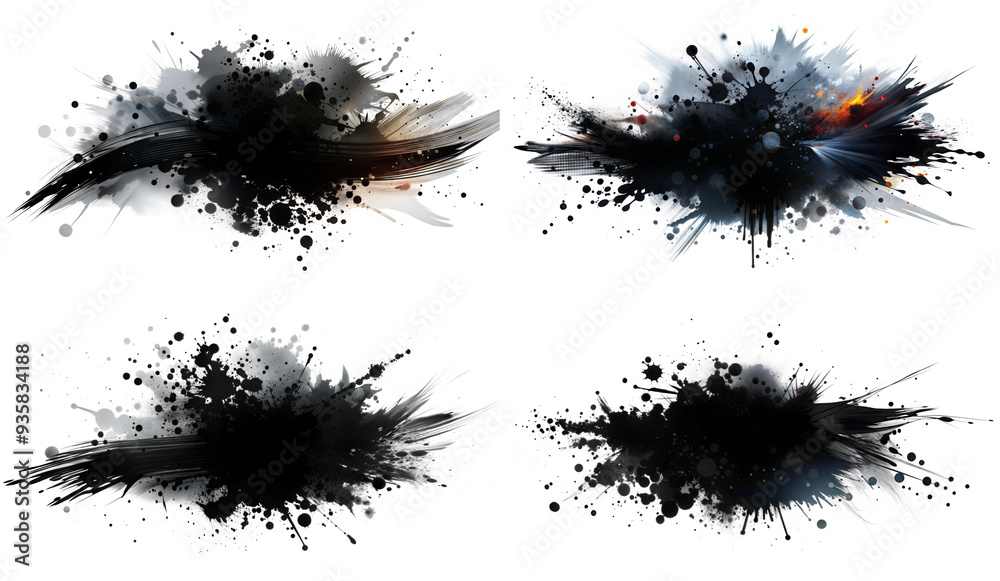 Four dynamic black ink splatters with artistic brush strokes on transparent background. Concept of creativity and abstract art Four dynamic black ink splatters with artistic brush strokes on transparent background. Concept of creativity and abstract art