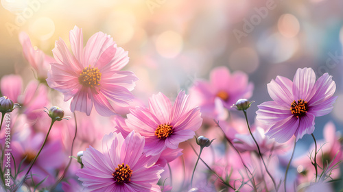 cosmos flower.Natural colorful panoramic landscape with many wild flowers of daisies against blue sky.Close up flowers blooming on softness style in spring summer under sunrise.