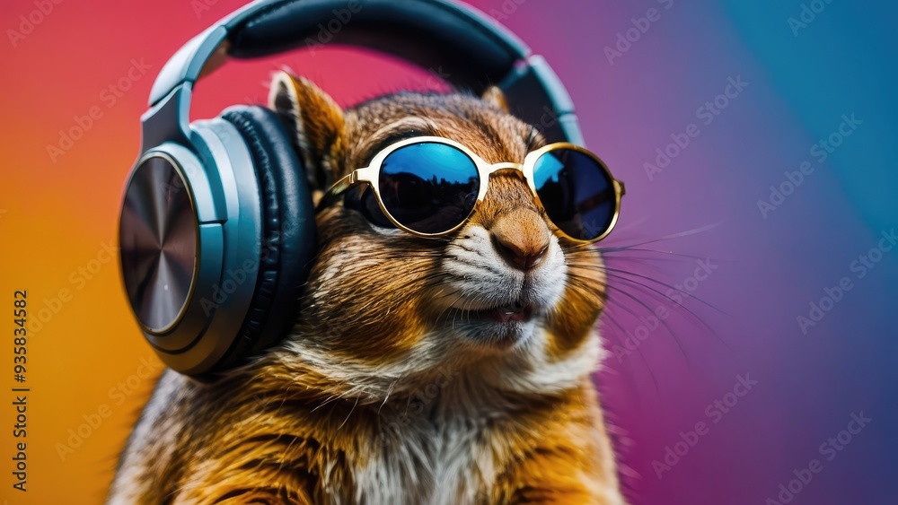 Chic chipmunk with headphones and shades against a vibrant backdrop