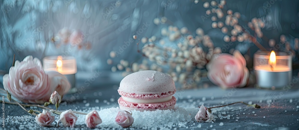 Spa arrangement featuring a bath bomb macaroon and dried flowers on a rustic monochrome background Includes candles and salt Beauty therapy and relaxation. Copy space image Spa arrangement featuring a bath bomb macaroon and dried flowers on a rustic monochrome background Includes candles and salt Beauty therapy and relaxation. Copy space image