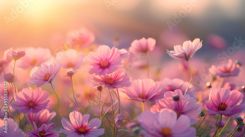 cosmos flower.Natural colorful panoramic landscape with many wild flowers of daisies against blue sky.Close up flowers blooming on softness style in spring summer under sunrise.