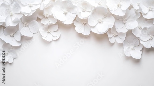 Delicate white hydrangea blooms are artfully arranged on a clean white background, creating an inviting spot for your wedding invitation text photo