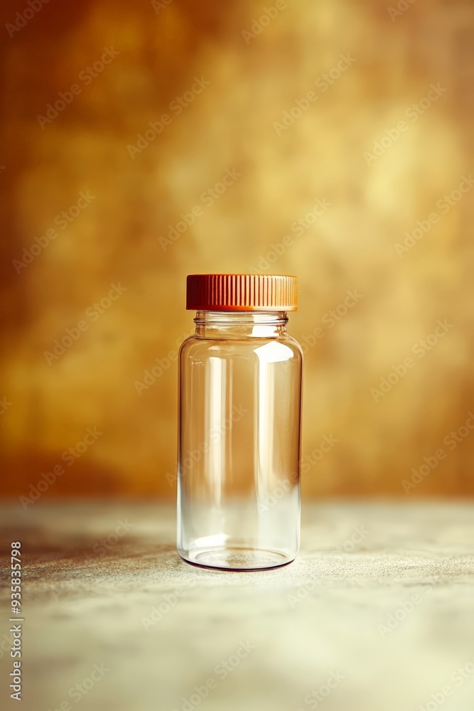 Clear glass jar with orange lid on a blurred golden background. Clear glass jar with orange lid on a blurred golden background.
