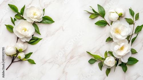 Delicate white hydrangea blooms are artfully arranged on a clean white background, creating an inviting spot for your wedding invitation text photo