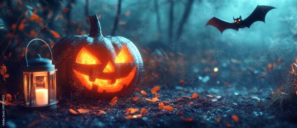 Fototapeta premium Halloween Pumpkin with glowing yellow eyes and Zombie Bat in gothic autumn nightscape