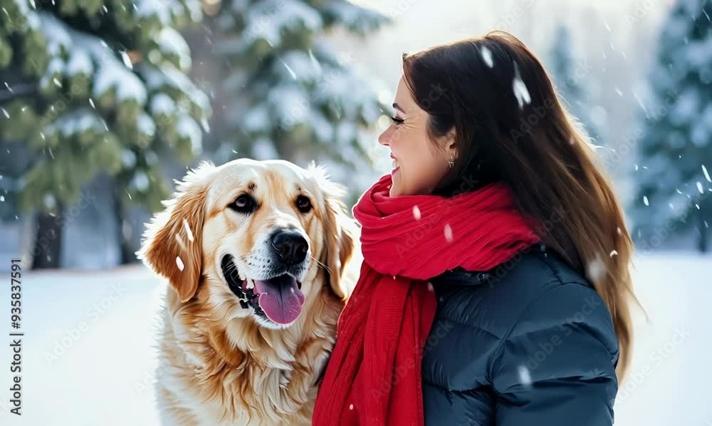 Joyful Canadian Woman Walking Golden Retriever in Winter Wonderland Joyful Canadian Woman Walking Golden Retriever in Winter Wonderland