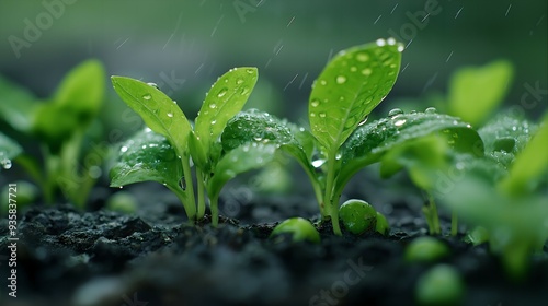 Close-Up of Water Droplets on Young Sprout During Irrigation in Vegetable Garden. Fresh Agricultural Seedling with Tiny Leaves and Moist Soil