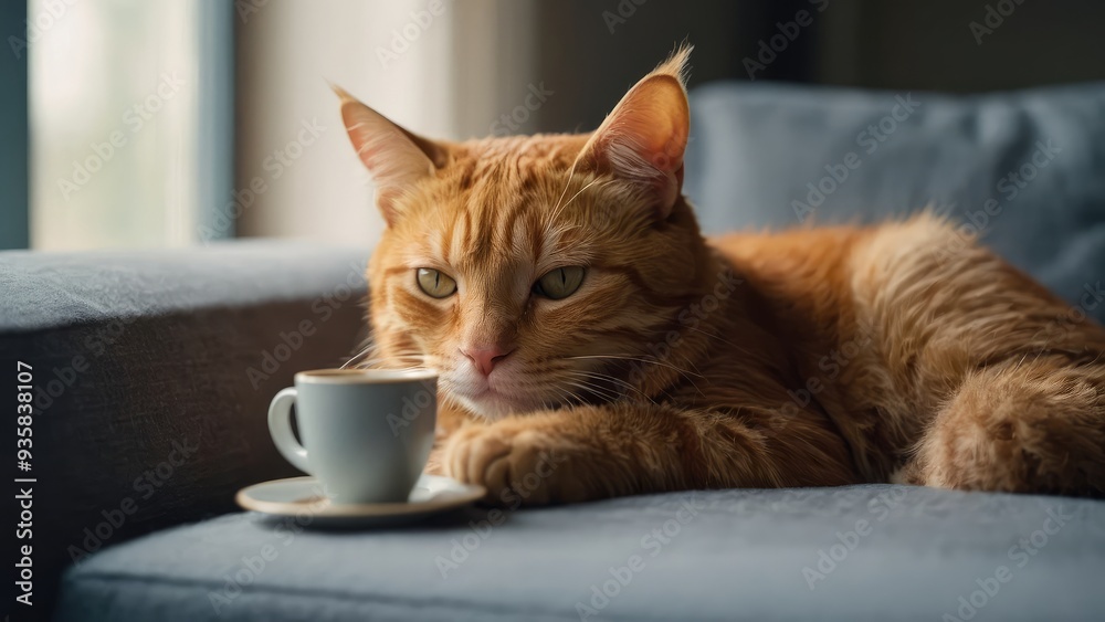 A cute, humanized ginger cat, dressed in pajamas, lounges on the sofa and sip morning coffee. Taking a Cup of Coffee. Monday am. imaginative picture of an animal. AI-Powered