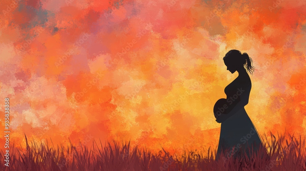 The tranquility of a pregnant woman in a warm pastoral landscape is embraced by her ethereal silhouette The tranquility of a pregnant woman in a warm pastoral landscape is embraced by her ethereal silhouette