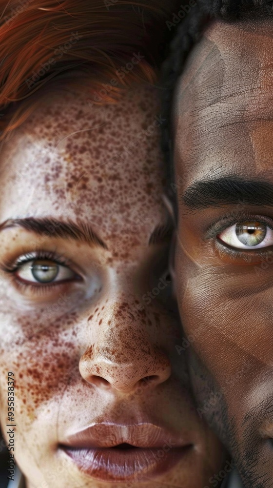 The portrait showcases two individuals with unique skin textures and eye colors, their expressions reflecting both connection and individuality The portrait showcases two individuals with unique skin textures and eye colors, their expressions reflecting both connection and individuality