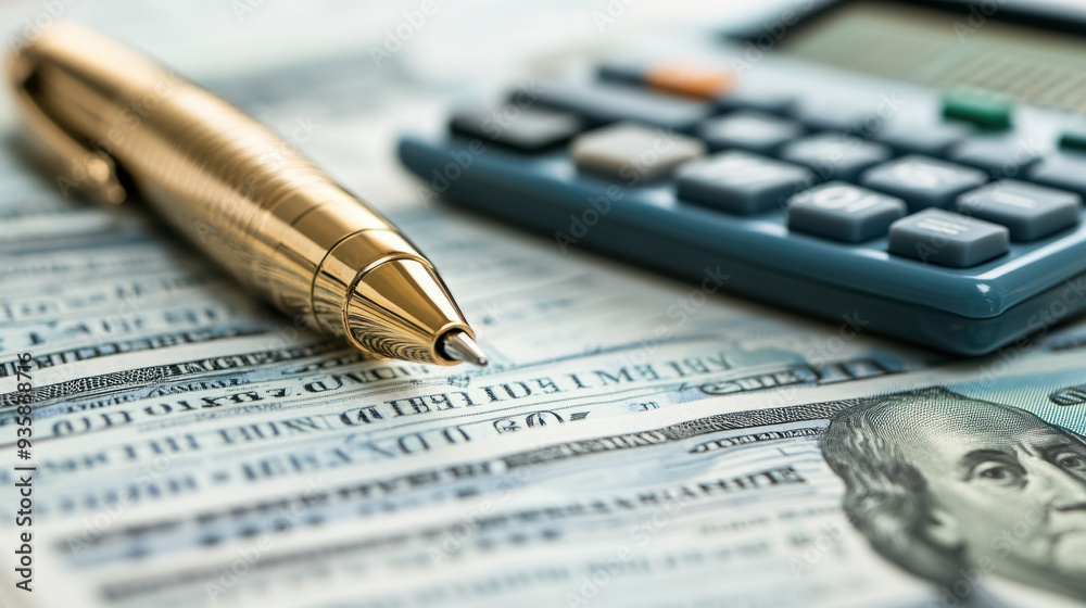 Financial Tools, A collection of essential financial planning items, including money, a pen, and a calculator, ready for effective budgeting and expense tracking Financial Tools, A collection of essential financial planning items, including money, a pen, and a calculator, ready for effective budgeting and expense tracking
