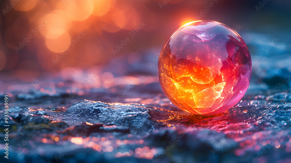 A vibrant close-up of a rough stone surface with a reflective 3D object resting on its surface A vibrant close-up of a rough stone surface with a reflective 3D object resting on its surface