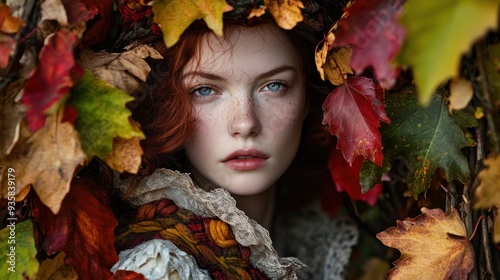 Red-Haired Woman Framed by Autumn Leaves