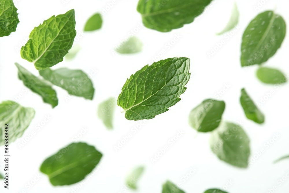 Fresh mint leaves hover against a bright white background in culinary prep