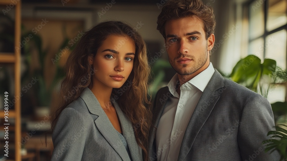 Two elegantly dressed individuals gaze directly at the viewer, exuding confidence and style, surrounded by verdant plants in a warm, inviting atmosphere Two elegantly dressed individuals gaze directly at the viewer, exuding confidence and style, surrounded by verdant plants in a warm, inviting atmosphere