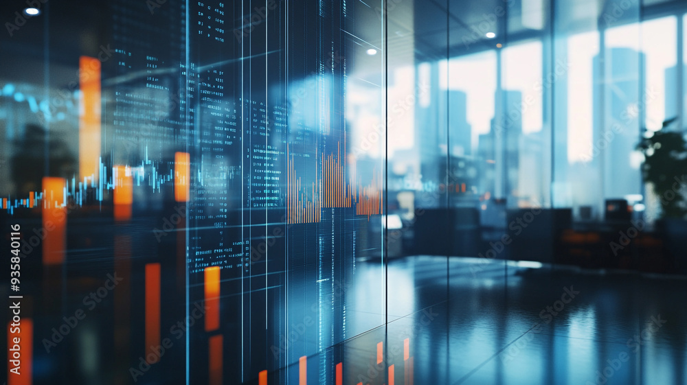 A modern office space with digital graphs reflecting financial trends under sunlight in a bustling city during the morning hours A modern office space with digital graphs reflecting financial trends under sunlight in a bustling city during the morning hours