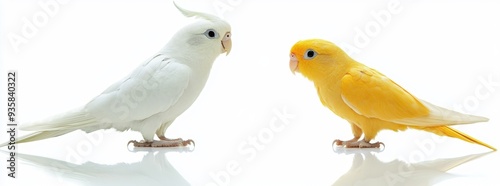 Colorful Pearl and Yellow Cockatiels against a white background - Studio Detail