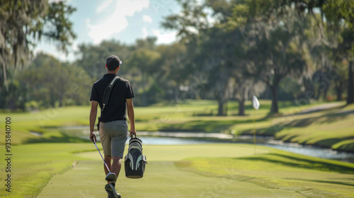 A golf player dressed in a black shirt walks down a lush fairway, carrying a golf bag. The sun shines brightly as trees line the course, creating a serene atmosphere photo