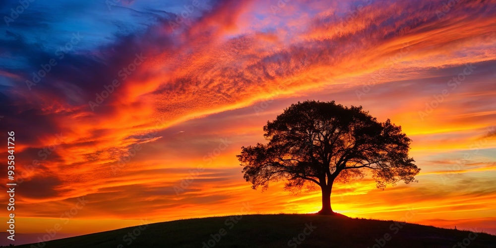 Fototapeta premium Vibrant sunset illuminating a majestic tree silhouette on a hill