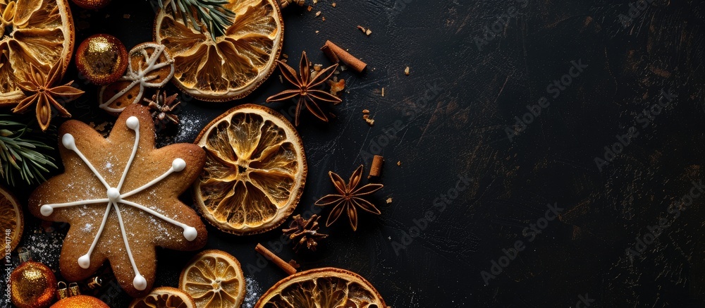 Fototapeta premium Greeting card featuring decorative gingerbread cookies dried orange slices and Christmas and New Year ornaments against a black background Aerial perspective of a Christmas and New Year holiday backd