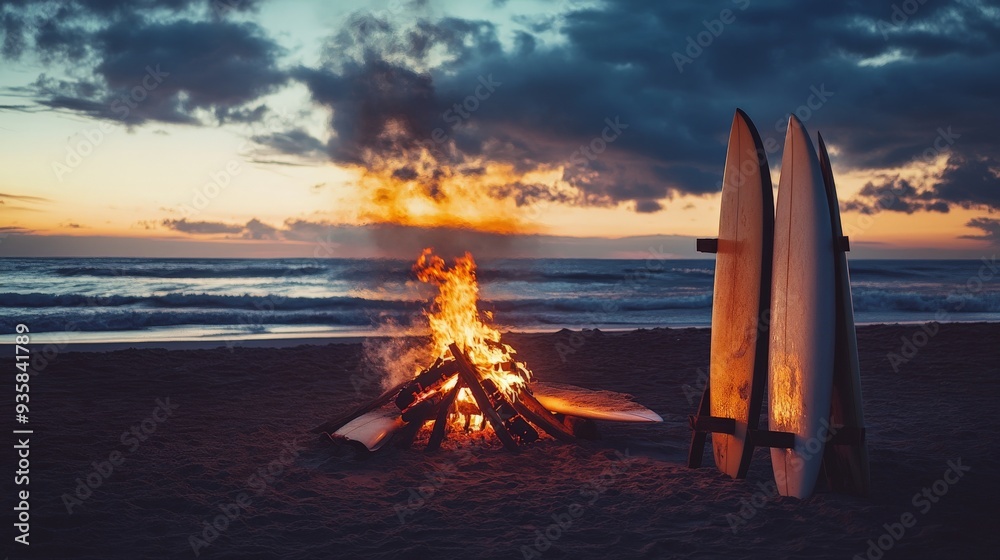 Fototapeta premium An enchanting beach atmosphere at dusk with surfboards standing near a mesmerizing bonfire, casting warming light on the sand, with waves gently rolling in the background.