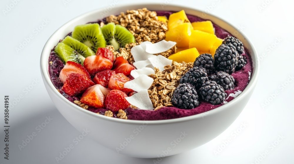 A vibrant smoothie bowl is beautifully arranged with fresh fruits including kiwi, strawberries, mango, blackberries, and granola, served on a creamy base, all set on a white surface. A vibrant smoothie bowl is beautifully arranged with fresh fruits including kiwi, strawberries, mango, blackberries, and granola, served on a creamy base, all set on a white surface.