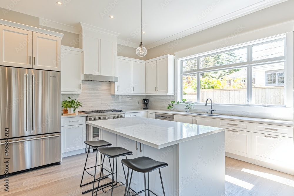 A bright and spacious kitchen island with sleek stools, large window, modern appliances, and white cabinets. The setting is perfect for cooking and hosting gatherings. A bright and spacious kitchen island with sleek stools, large window, modern appliances, and white cabinets. The setting is perfect for cooking and hosting gatherings.
