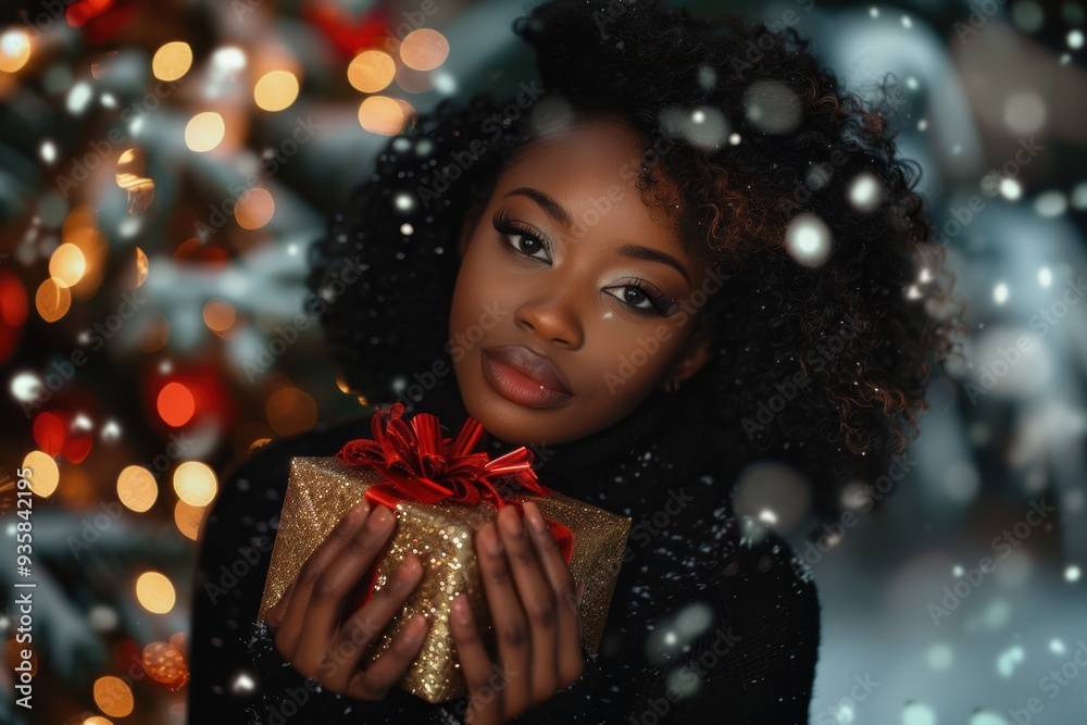 Cute Black skin girl smiling and holding a Christmas present, festive holiday atmosphere...