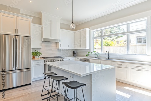 A bright and spacious kitchen island with sleek stools, large window, modern appliances, and white cabinets. The setting is perfect for cooking and hosting gatherings.