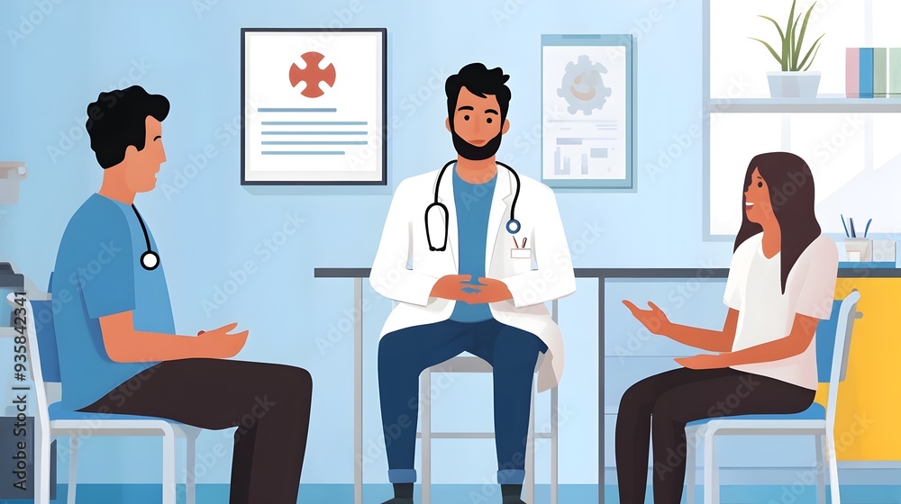 Doctor providing medical consultation and guidance to parents about hand foot and mouth disease at a pediatric clinic or healthcare facility Doctor providing medical consultation and guidance to parents about hand foot and mouth disease at a pediatric clinic or healthcare facility