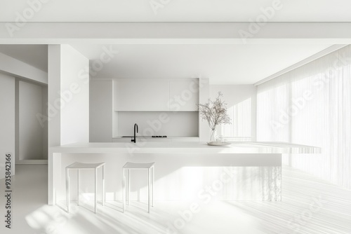 A minimalistic all-white kitchen design flooded with abundant natural light through large windows, featuring sleek cabinetry and contemporary fixtures creating a serene environment. photo